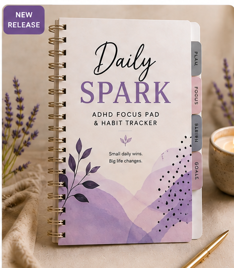 Daily Spark ADHD Focus Pad and Habit Tracker 2026–2027 matching the approved ADHD bundle design
