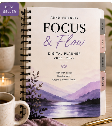 Focus & Flow ADHD-Friendly Digital Planner 2026–2027 matching bundle design